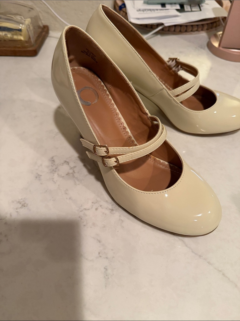 Cream Patent Mary Jane Pumps